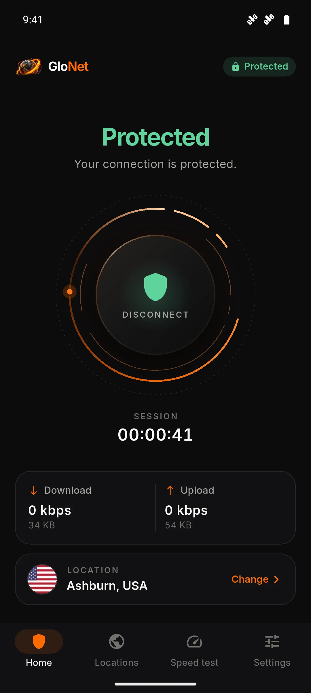 GloNet VPN home screen showing “Protected”, connected to Ashburn, USA, with session time and traffic.